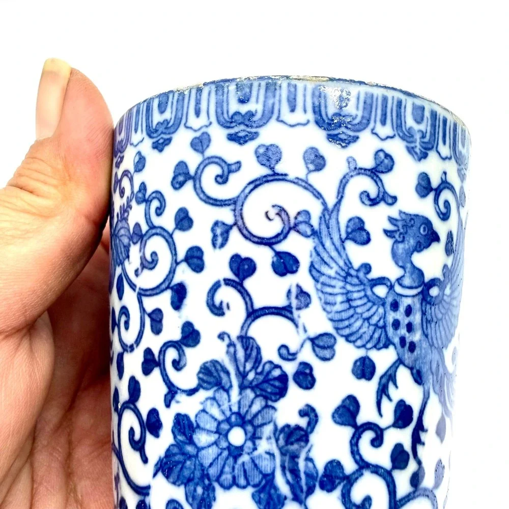 Antique Morimura Bros Blue White Porcelain Phoenix Lidded Jar Cup Japan